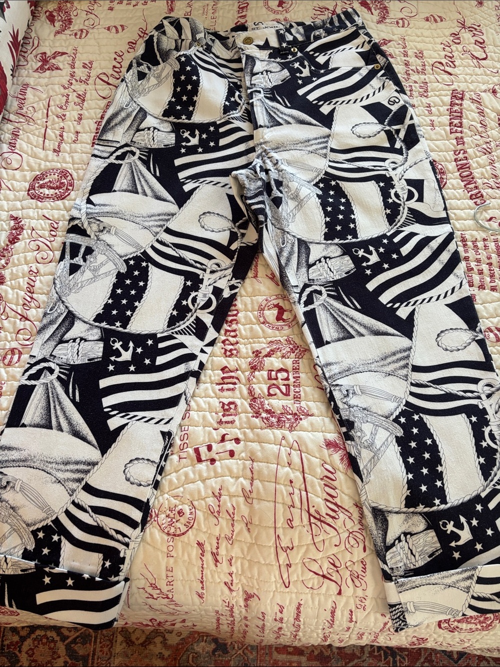 St. John Dark Navy & White Nautical Print Straight Leg Pants SZ 10